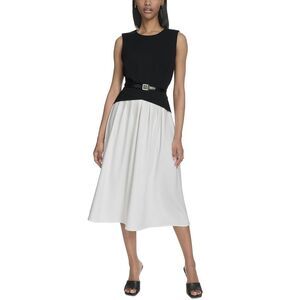 Halston Womens Sleeveless Split-Color Flared Midi Dress 14 Black/Cream NWT $159